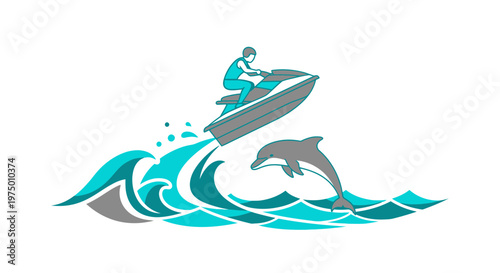 Energetic Jet Ski Rider and Dolphin Leap Together in Dynamic Ocean Scene