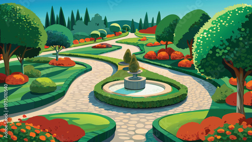 A serene and beautifully landscaped park featuring a central fountain and winding stone pathway Vector