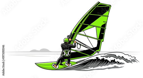 Energetic Wind Surfer Riding Green Board Through Ocean Waves