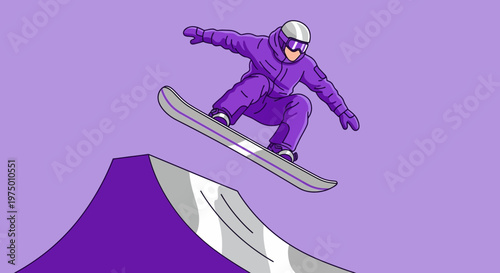 Energetic Snowboarder Performing Aerial Stunts On Purple Ramp