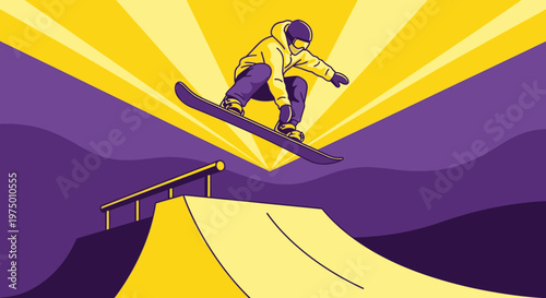 Energetic Snowboarder Mid-Air Action With Bright Abstract Background