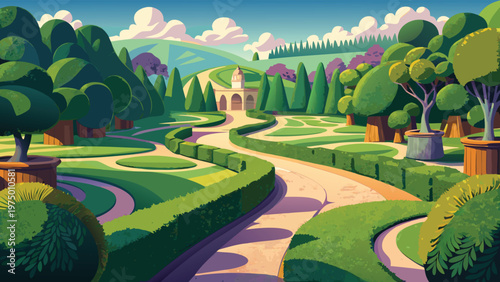 A serene and vibrant digital illustration of a formal garden with manicured hedges and pathways Vector