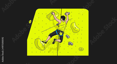 Energetic Man Ascending Colorful Climbing Wall in Dynamic Pose