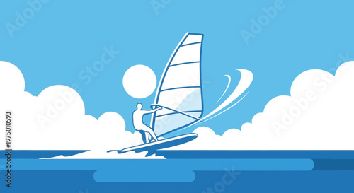 Energetic Windsurfer Rides Waves Under Sunny Skies With Fluffy Clouds