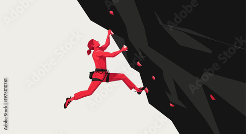 Energetic Woman Ascends a Rugged Rock Face