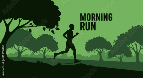 Energized Silhouette Runner In Scenic Morning Forest Park With Lush Trees And Green Hues