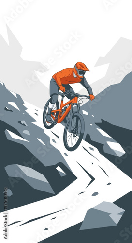 Energetic Mountain Biker Riding Down Steep Rocky Trail Exhilarating Adventure Sport