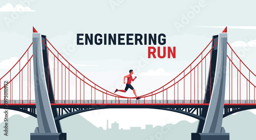 Engineering Run Across Iconic Suspension Bridge Dynamic Concept