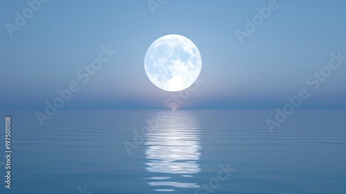 Full moon rising over calm sea, Minimal moonlight reflection on water, Soft pastel night seascape, Peaceful celestial background, Blue monochrome ocean horizon, Dreamy nature banner, Copy space