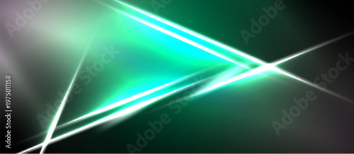 Abstract background features bright lines, gradients. Teal, white hues dominate dark space. Modern design element.