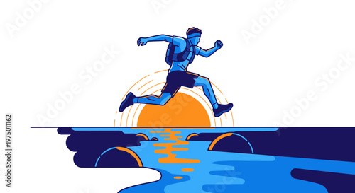 Energetic Trail Runner Leaps Over Water During Sunrise