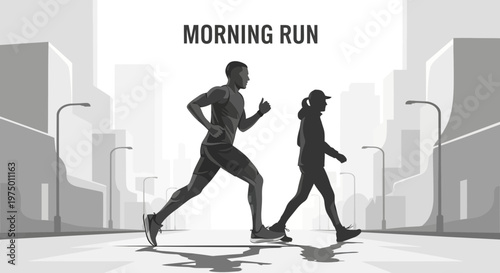 Energetic Urban Duo Embarking On A Brisk Morning Jog Through City Streets