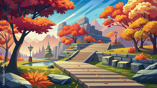 A peaceful park scene with stone staircases and vibrant orange foliage during the autumn season Vector