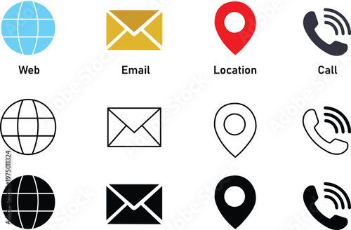 Web, Email, Location and Call Icons Set – Communication and Contact Vector Symbols Collection