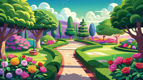 A beautiful lush garden landscape featuring a winding path surrounded by vibrant blooming flowers Vector