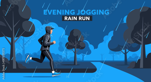 Evening Jogging Rain Run Exercising Outdoors In The Rain