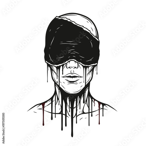 Blindfolded person with dripping black paint and blood