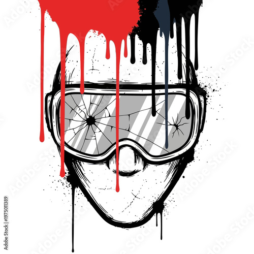 Cracked goggles on a person's head with dripping paint