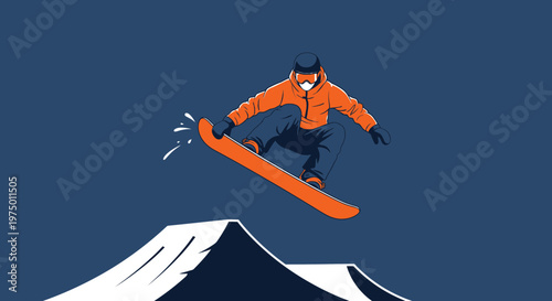 Exciting Snowboarder Airborne Mid Jump Over Snowy Peaks Dynamic Action