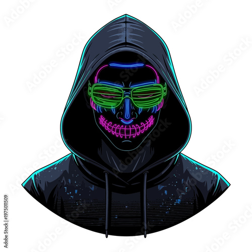 Cyberpunk Hacker Skull Hoodie Neon Glasses
