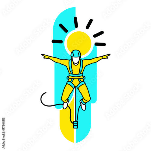 Excited Bungee Jumper Suspended Mid-Air Under Bright Sun And Clear Sky