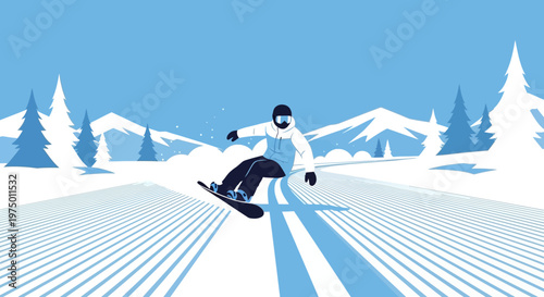 Exciting Snowboarder Carving Down Pristine Snowy Mountain Slopes