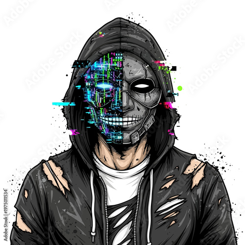 Cyberpunk Hacker with Glitching Digital Face and Torn Hoodie