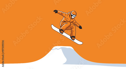 Exciting Snowboarder Performing Aerial Jump Mid-Flight Against Bright Orange Sky