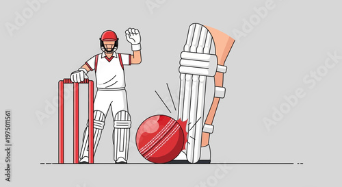 Excited Cricket Player Celebrates Winning Shot Next To Wickets And Ball