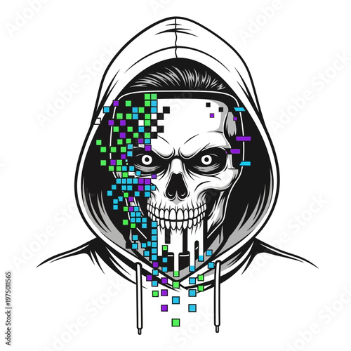 Digital Skull Hoodie Hacker Glitch Effect