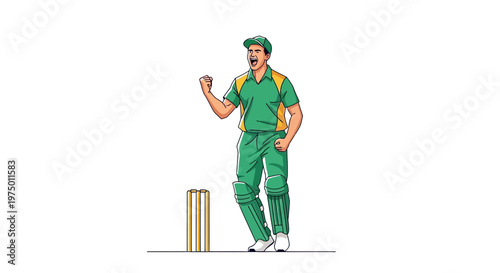 Excited Cricketer Celebrates Victory Next To Wicket A Joyful Athlete Expression Of Triumph