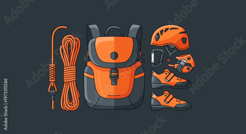 Essential Climbing Gear Expedition Backpack Helmet Rope and Shoes Display