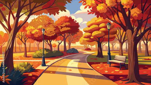 A serene park pathway lined with vibrant autumn trees and a bench under a soft golden afternoon sun Vector
