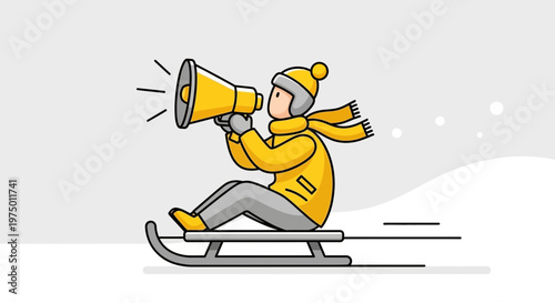 Excited Person On Sled Shouting Through Megaphone