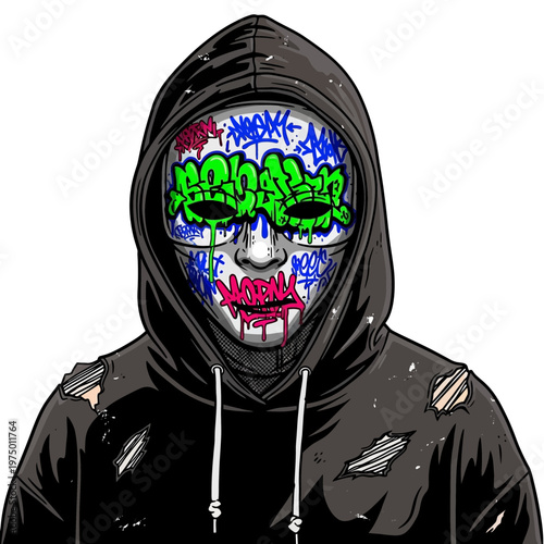 Graffiti Masked Person in Ripped Hoodie, Anonymous Street Art Vandalism Concept