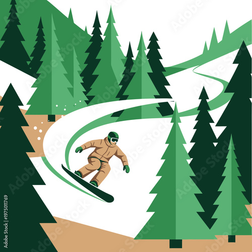 Excited Snowboarder Carving Down Snowy Mountain Trail Amidst Pine Forest