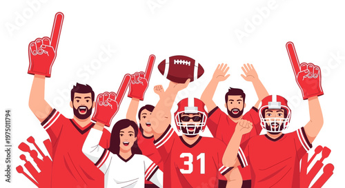 Excited Sports Fans Celebrating A Victory With Foam Fingers And Football