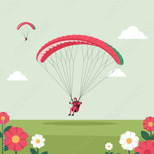 Exhilarating Paragliding Adventure Over Floral Landscape Springtime Freedom Flight