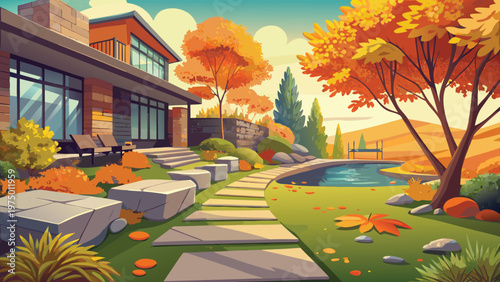 A modern luxury house situated in a peaceful autumn garden with a stone path and small pond view Vector