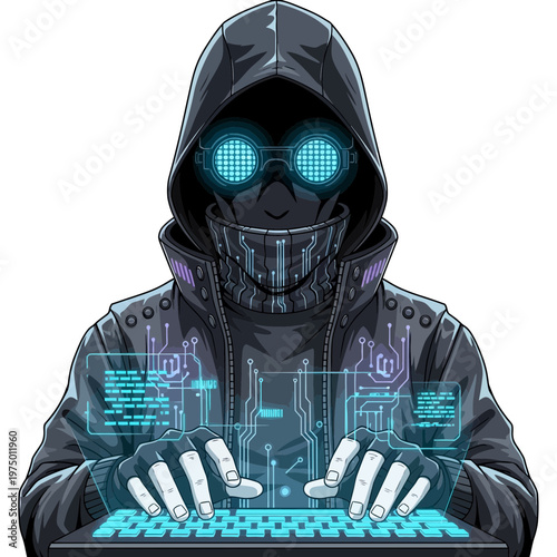 Hacker typing on futuristic keyboard with glowing interface