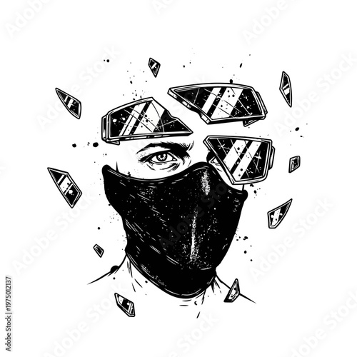 Man with broken glasses and mask, cyberpunk, dystopian, abstract elements