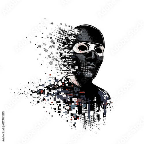 Man in mask dissolving into pixels, digital disintegration, cybercrime concept