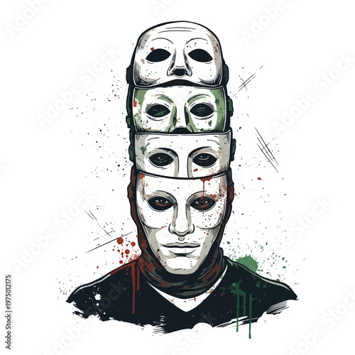 Man with multiple masks stacked on head, symbolizing identity crisis and deception.