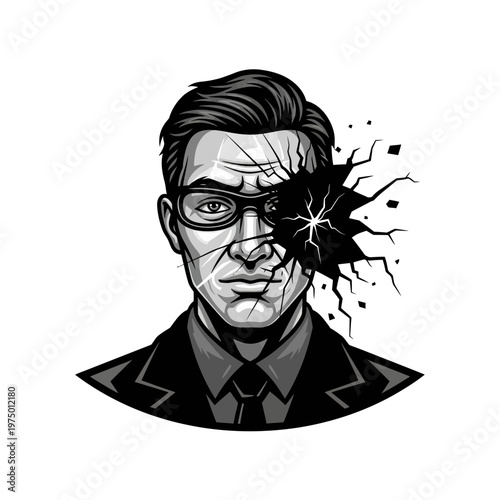 Man with Shattered Face and Broken Glasses