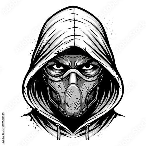 Mysterious hooded figure with a gas mask, intense eyes, streetwear style