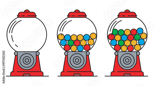Colorful gumball machine vector set, three machines with assorted candy balls, illustration on white background for kids fun and sweet design