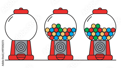 Colorful gumball machine illustration, three machines with varied candy balls, vector set on white background, fun children’s design elements