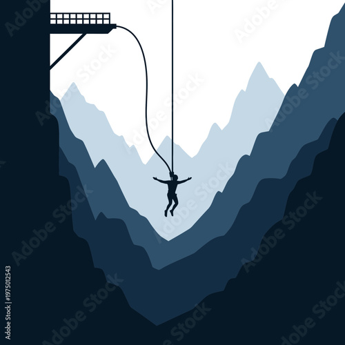 Extreme Adventurer Plunging Into Mountain Abyss On Bungee Jump Adventure