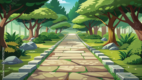 A serene stone path winding through a vibrant and lush green forest filled with ancient trees Vector