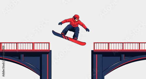 Extreme Snowboarder Leaping Over Bridge Gap Mid-Air Acrobatics